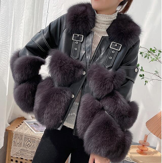 Fox Fur Short Sheepskin w/ Fox Fur Collar Buckle Heart Jacket