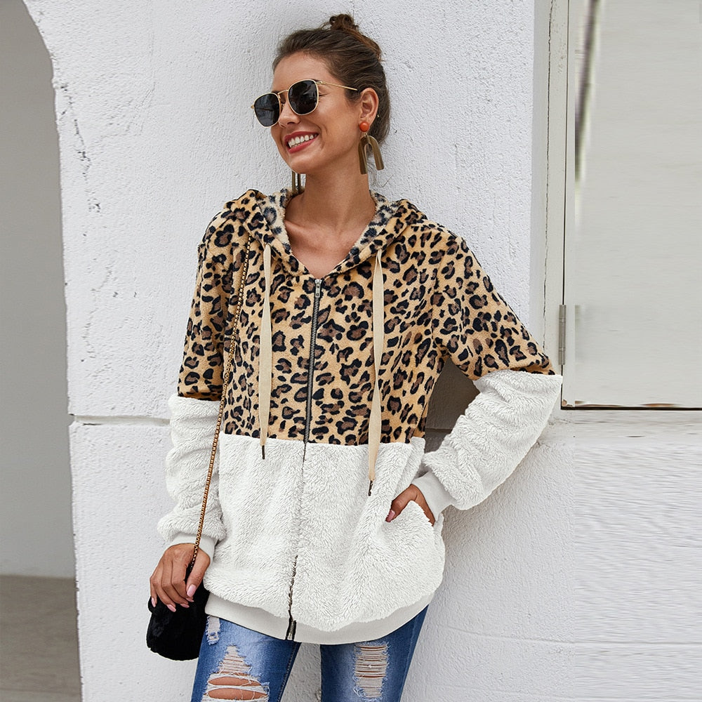 Leopard/Colorblock Women's Long Sleeve Zipper Hoodie Jacket