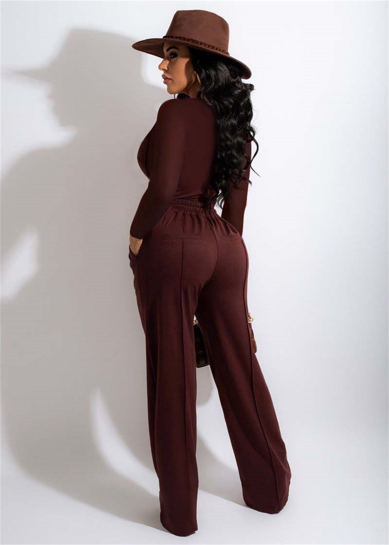 Long Sleeve V-Neck Top + Drawstring Pockets Wide Leg Pants 2-Piece Set