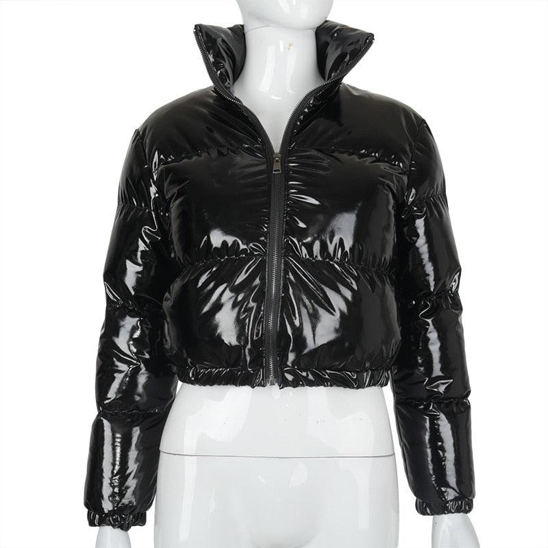 Faux Leather Long Sleeve Shiny Bubble Cropped Puffer Jacket