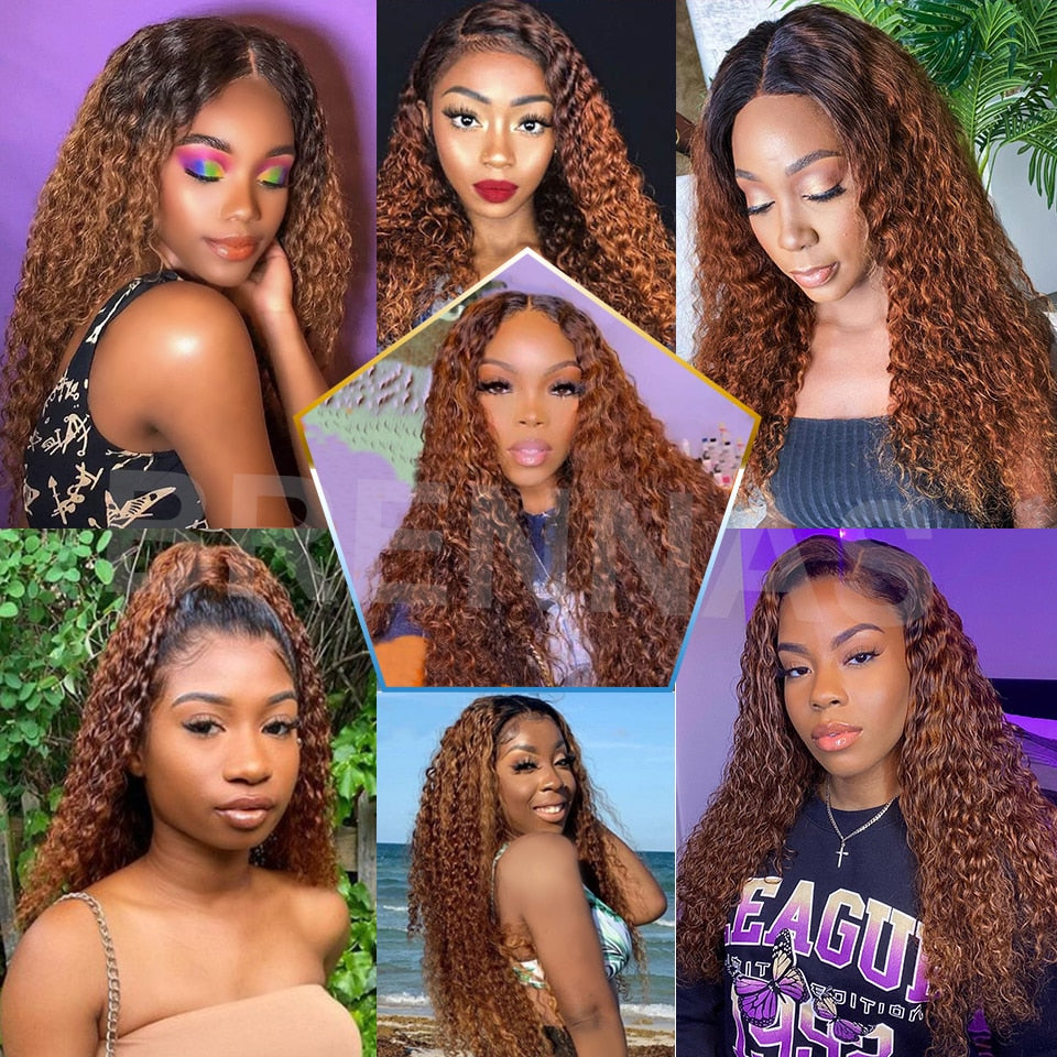 Ombre Curly Brazilian Remy Lacefront 100% Human Hair 1B33 Color 13x4 Lace Frontal Pre-Plucked Wig