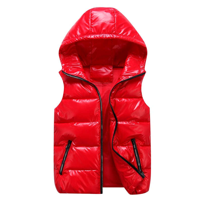 Hooded Ladies Padded Sleeveless Shiny Puffer Vests