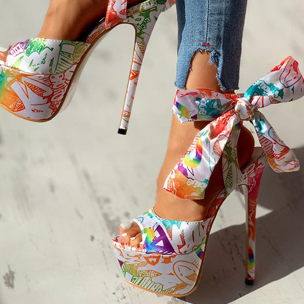 Tropical Print Big Bow Lace-Up Women's Platform Sandal Stiletto Pumps