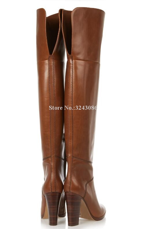 Auburn Brown Leather Chunky Heel Over the Knee Boots