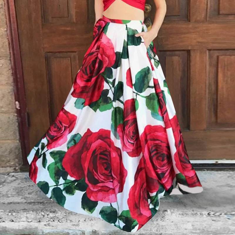 Floral Rose Design Bohemian Oversized Flared High Waist Maxi Skirt to 5X Plus Size