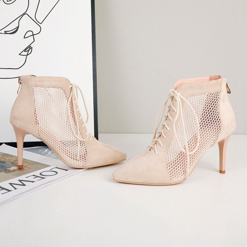 Cross Lace Up Roman Hollow Out Mesh Ankle Boots