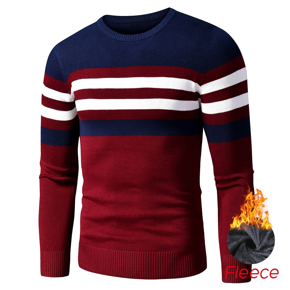 Men's Striped Fleece Cotton Pullover O-Neck Sweater