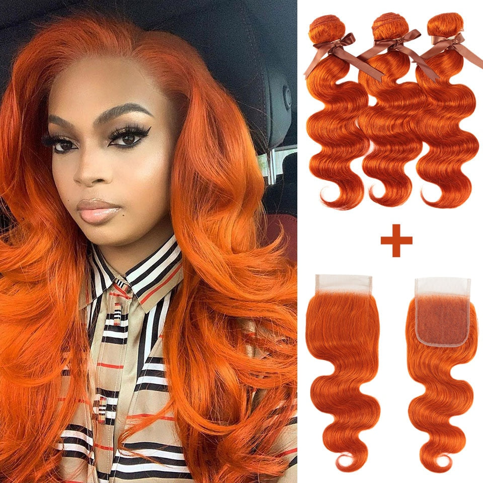 Body Wave Human Hair Bundles w/ Closure Blonde Orange Bundles With Frontal 3/4 Bundles With Closure Brazilian Hair