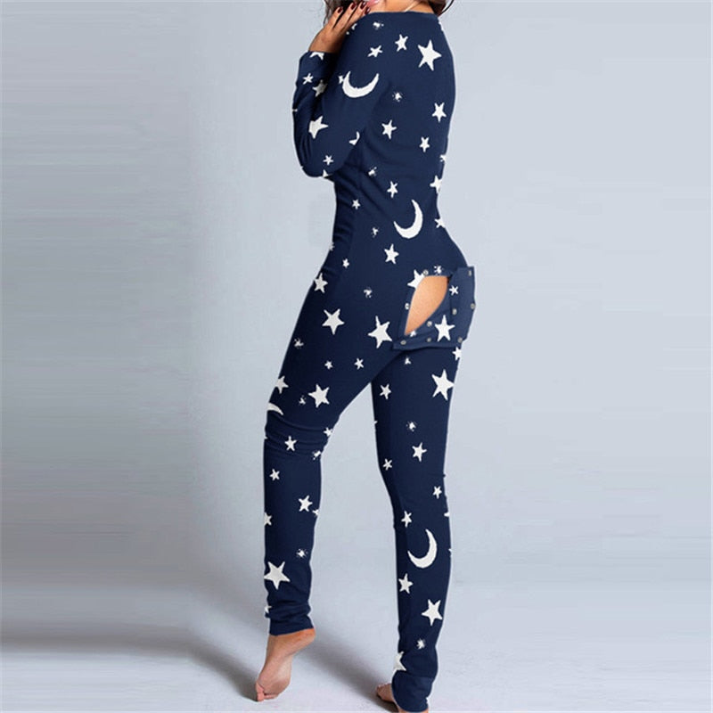 Button-Down Front V-Neck Long Sleeve Ladies Pajamas Onesie