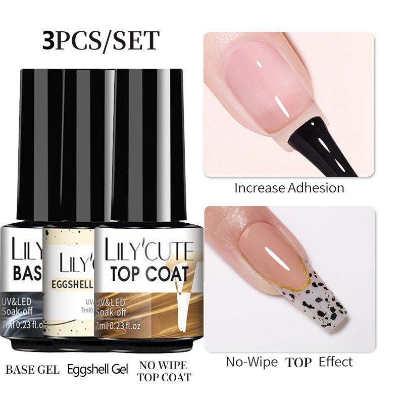 3 Piece Gel Polish Set: Winter Color Glitter Sequin Matte Effect Gel, Long Lasting Base Top Coat Nail Art Design