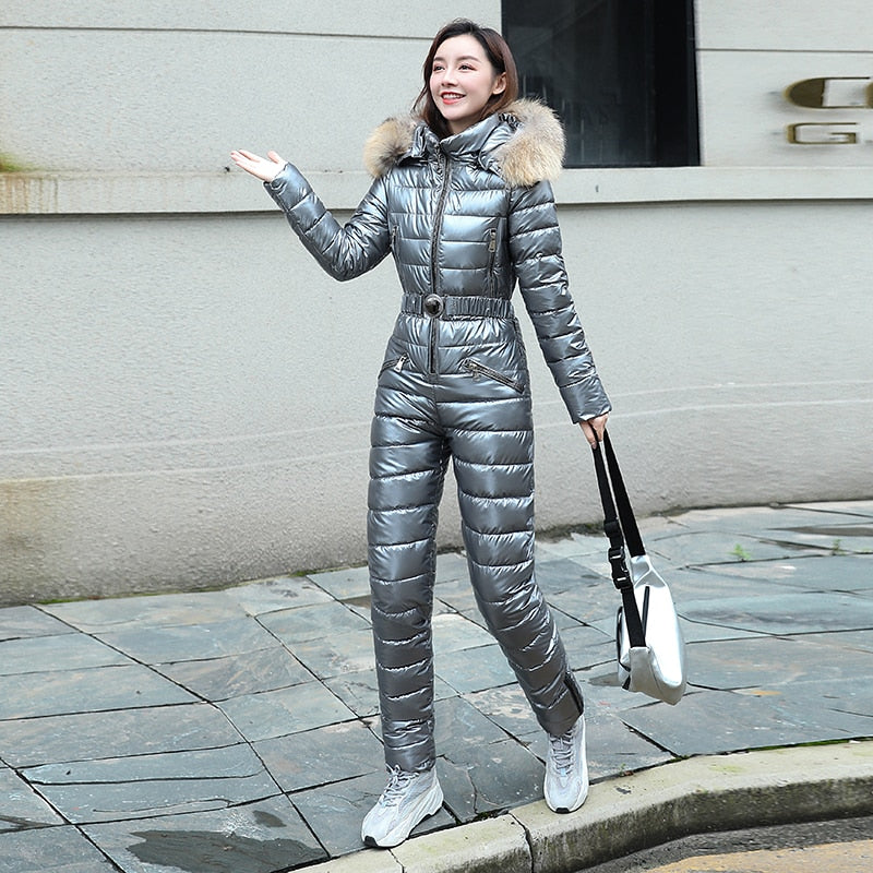 Fur Hood Quilted Solid Color Ladies Ski Snowsuit