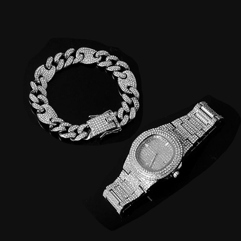 3-Piece Jewelry Hip Hop Gold Iced Out Paved Rhinestones CZ Bling  Sets: Cuban Chain, Watch & Bracelet