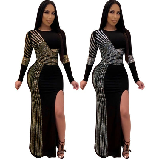 Metallic African Maxi Sequined O-Neck Long Sleeve Evening Party Dress