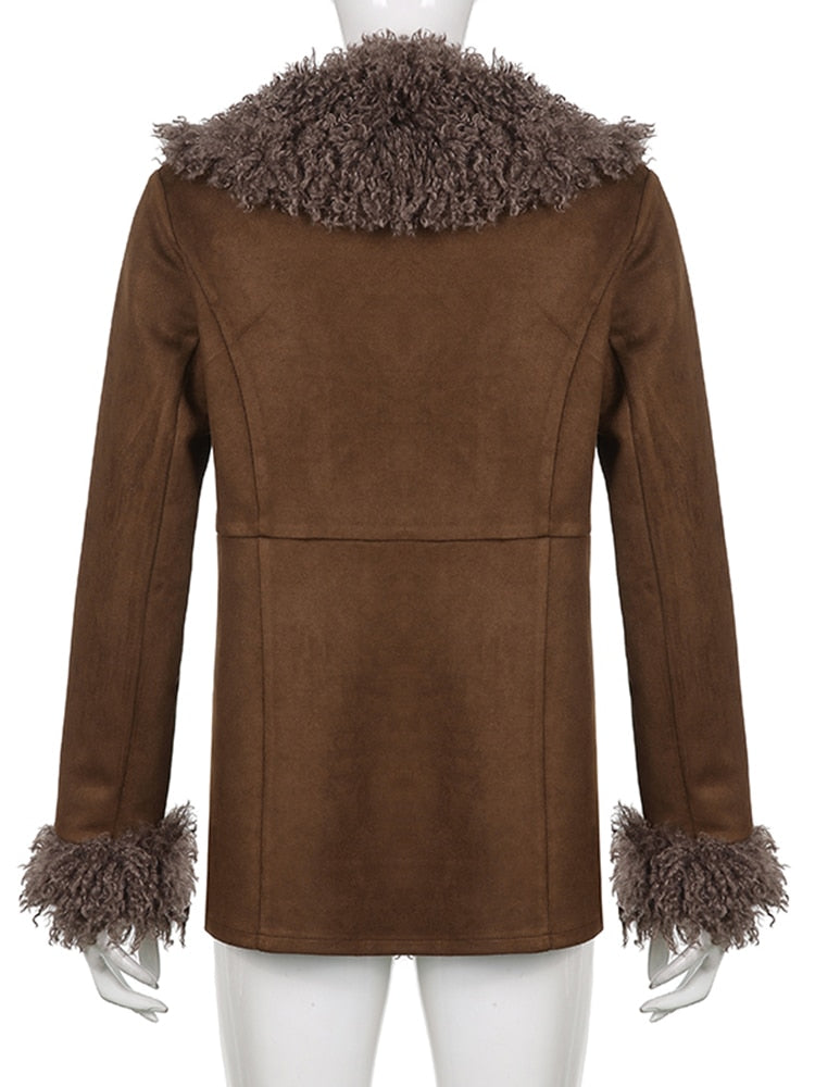 Brown Ladies Faux Fur Patchwork Suede Jacket