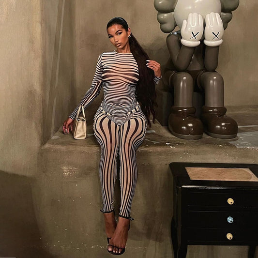 Mesh Striped Transparent Long Sleeve O-Neck 2-Piece Outfit