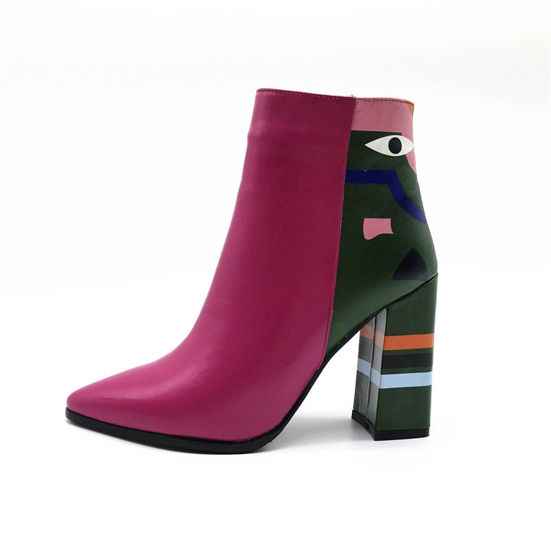 Pastel Colorblock Women's Square Heel Leather Ankle Boots