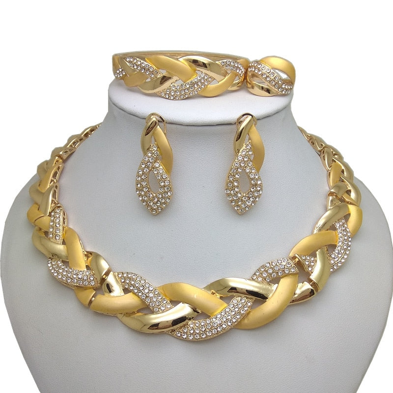 Rhinestone Gold/Silver Necklace + Earrings + Ring Bracelet Jewelry Sets