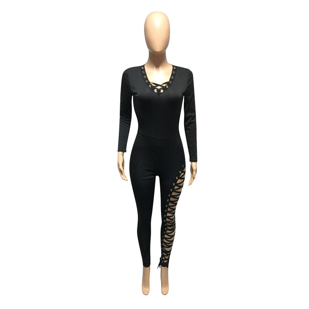 Black V-Neck Long Sleeve Lace-Up Cross Hollow-Out Jumpsuit