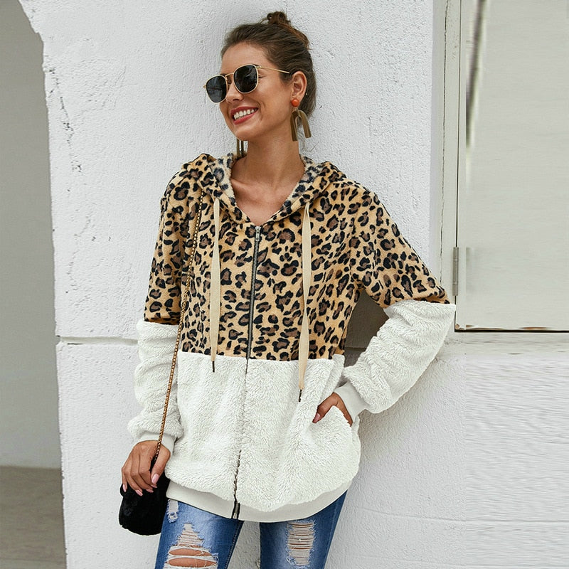 Leopard/Colorblock Women's Long Sleeve Zipper Hoodie Jacket