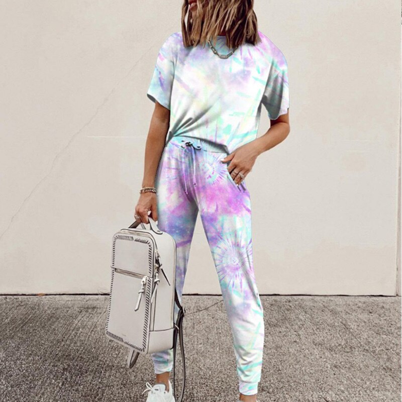 Women's Tie-Dye Print 2-Piece Short-Sleeved Round Neck Top + Drawstring Leggings Set