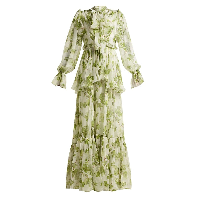 Green Runway Ruffle Flower Print Lantern Sleeve Cascading Maxi Dress