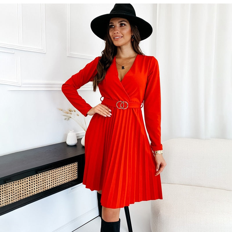 Pleated Mini V-Neck Long Sleeve Lace Up Dress