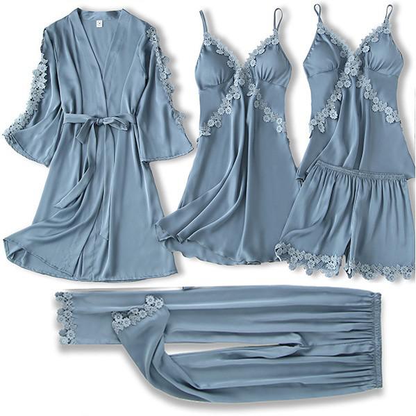 Satin Women's Sleepwear Set/Pajamas: Kimono Gown, Lace Intimate Lingerie Hollow Out Camisole, and Matching Lingerie Top w/ Shorts & Silky Pajama Pants