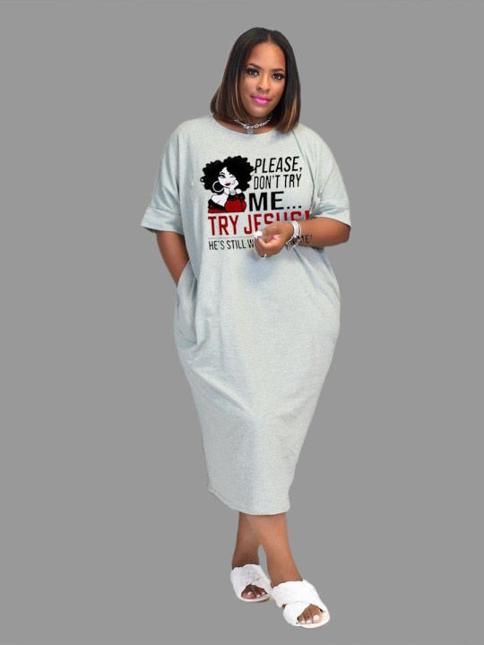 "Please Don't Try Me Try Jesus" Plus Size Maxi T-Shirt Dress to 4X