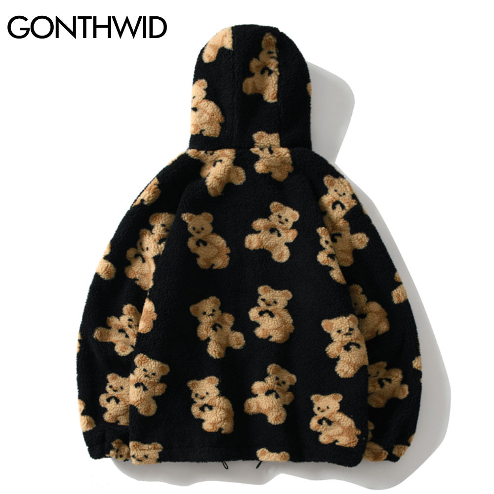 Fleece Men's Teddy Bear Print Fleece Zipper Hoodie Jacket