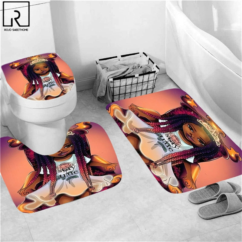 Black Woman Printed Shower Curtain w/ 12 Hooks Bathroom Bath Mat Set Toilet Cover 1/3/4 PCS