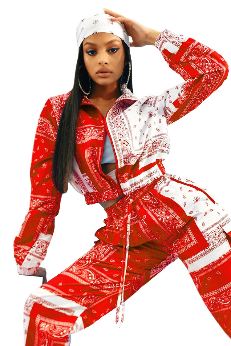 Paisley Bandana Print Zipper Jacket + Elastic Waist Sweatpants Women's Tracksuit