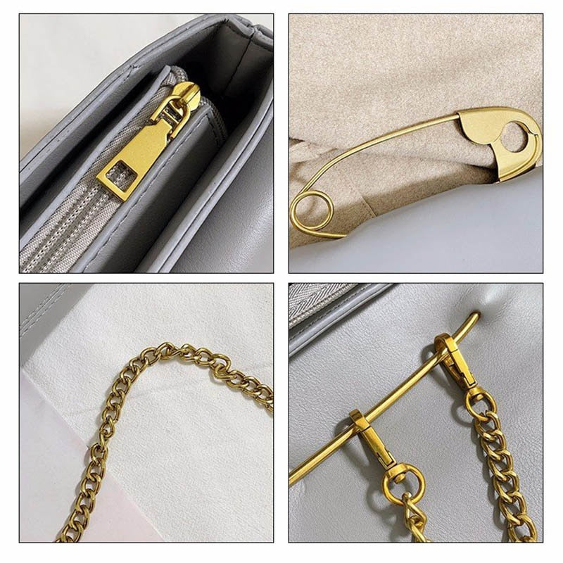 Oversized Gold Metal Safety Pin Pendant PU Leather  Designer Flap Shoulder Bag Clutch Purse