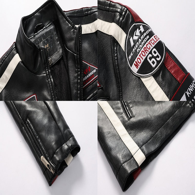 Side Striped Men's Logo Embroidery Leather Bomber Slim Fit Motorcycle Jacket