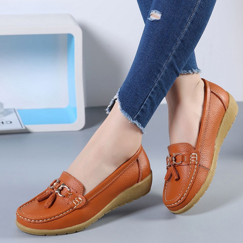 Women's Genuine Leather Flat Loafer Moccasins Slip On Shoes Plus Size