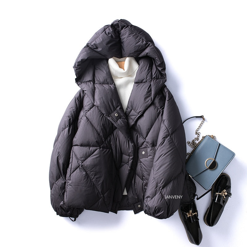 90% Duck Down Short Jacket Women Thick Warm Loose Cocoon Type Hooded Diamond Puffer Jacket