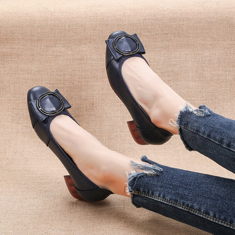 Genuine Leather Square Toe Shallow Round Buckle Flats