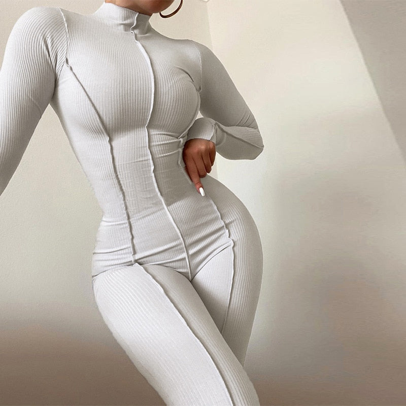 Solid Line Design Long Sleeve Bodycon Ladies Fitness Workout Jumpsuit