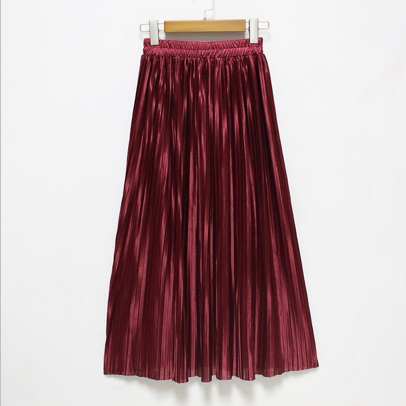 Satin Loose Pleated Solid Color High Waisted Maxi Skirt