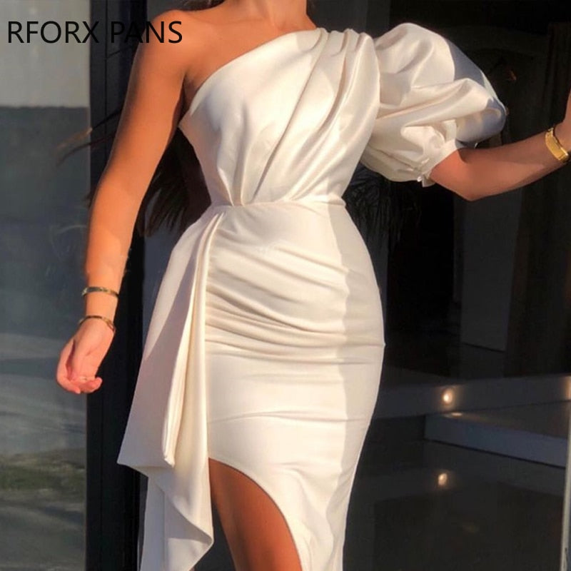 White One Shoulder Puff Sleeve Ruched Slit Bodycon Dress