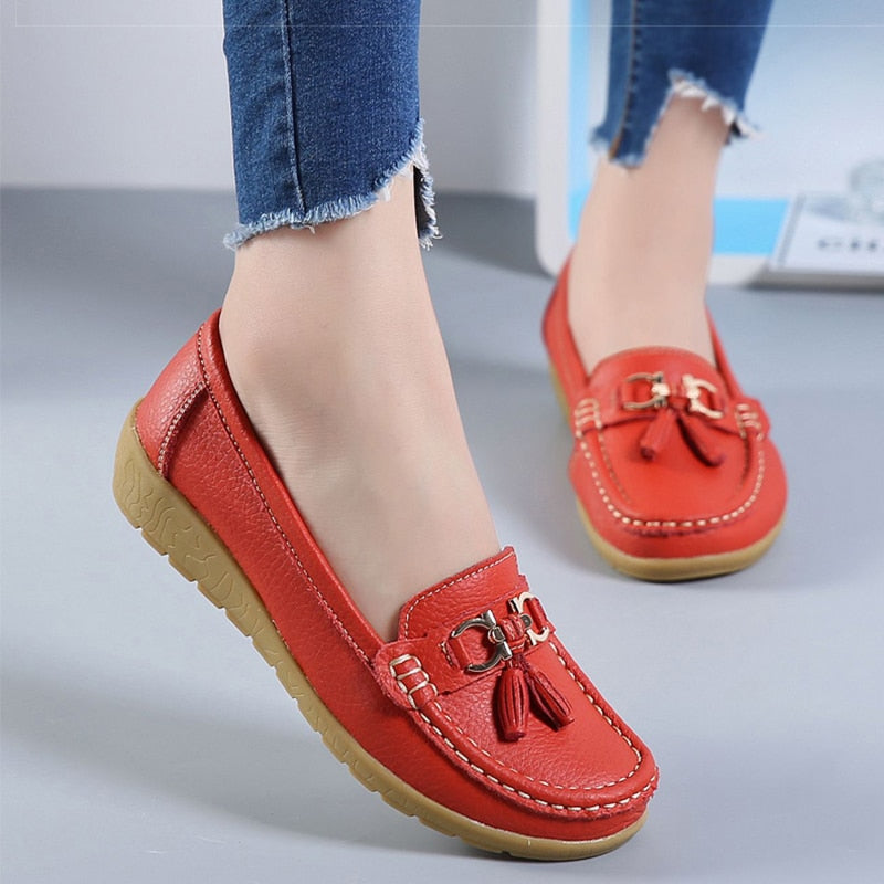 Women's Genuine Leather Flat Loafer Moccasins Slip On Shoes Plus Size