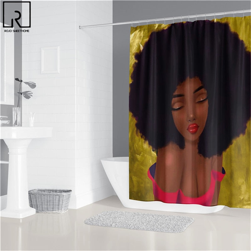 Black Woman Printed Shower Curtain w/ 12 Hooks Bathroom Bath Mat Set Toilet Cover 1/3/4 PCS