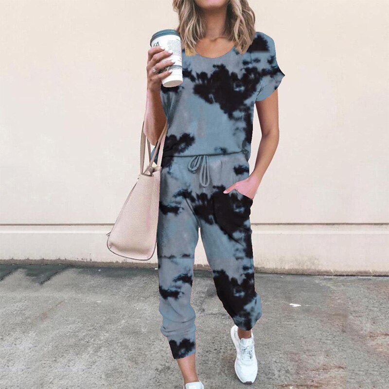 Women's Tie-Dye Print 2-Piece Short-Sleeved Round Neck Top + Drawstring Leggings Set