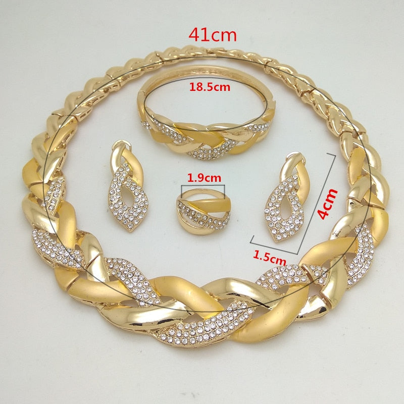 Rhinestone Gold/Silver Necklace + Earrings + Ring Bracelet Jewelry Sets