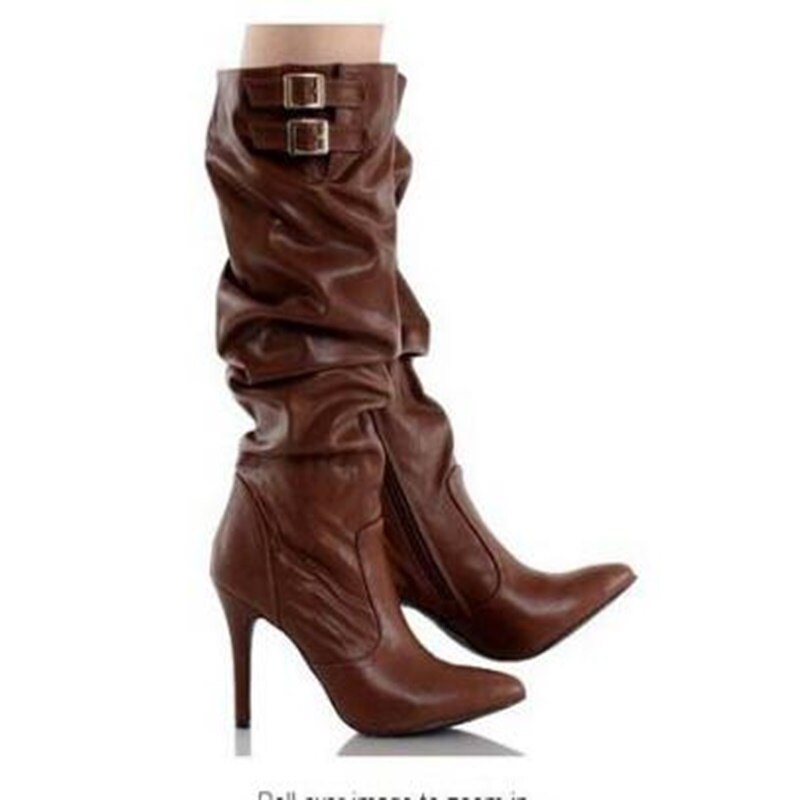 Ruched Leather Buckle Pointed Toe High Heels Knee High Zipper Boots