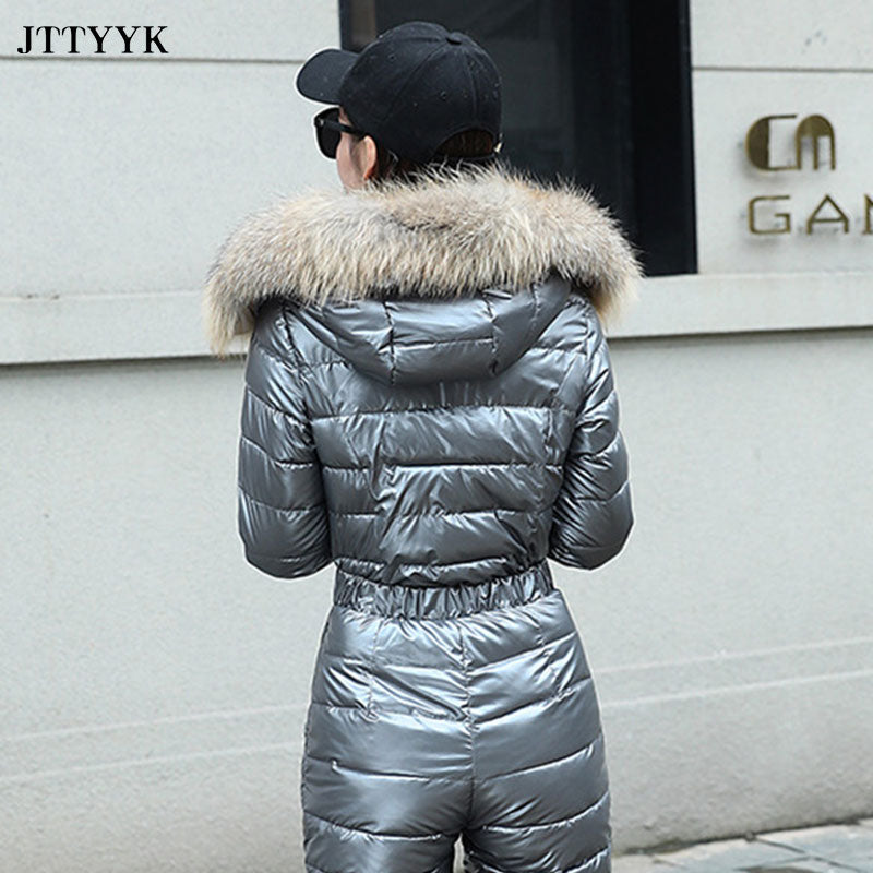 Fur Hood Quilted Solid Color Ladies Ski Snowsuit