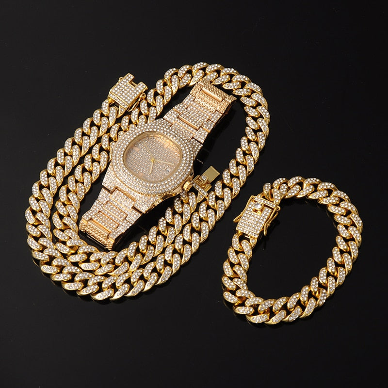 3-Piece Jewelry Hip Hop Gold Iced Out Paved Rhinestones CZ Bling  Sets: Cuban Chain, Watch & Bracelet