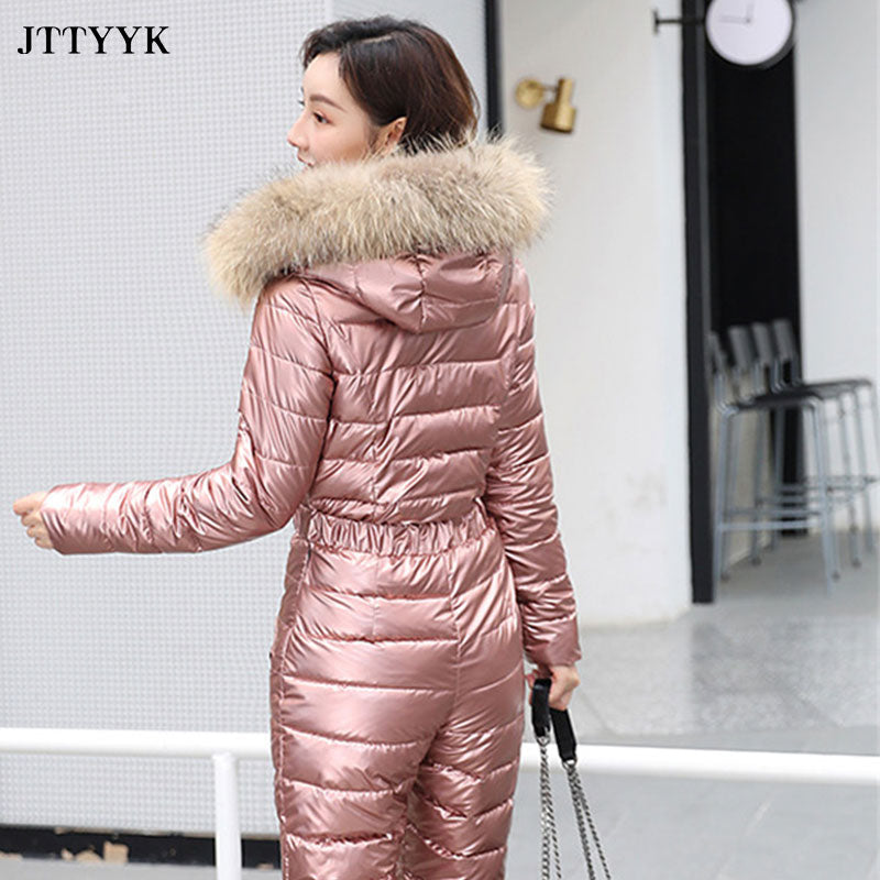 Fur Hood Quilted Solid Color Ladies Ski Snowsuit