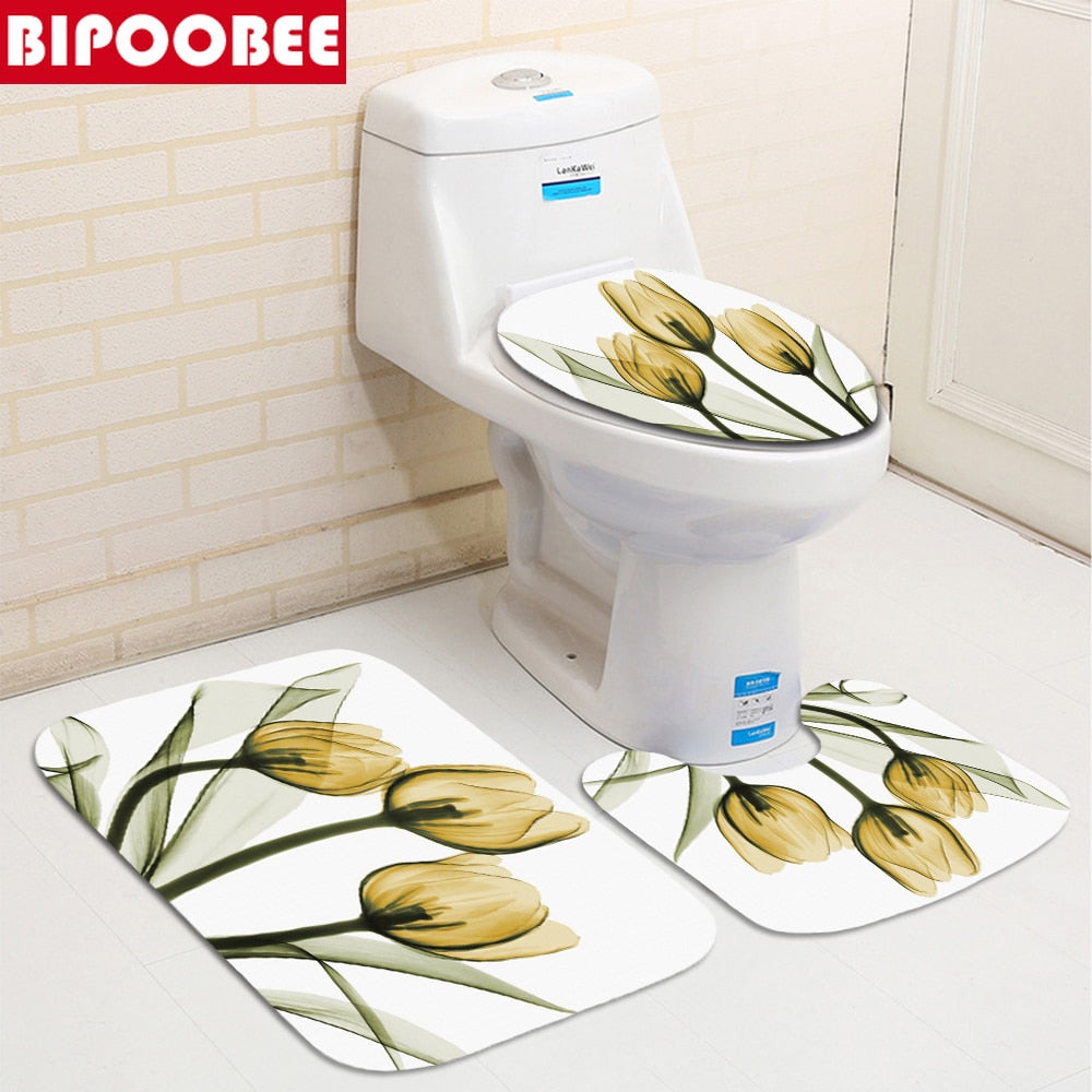 Tulip Lotus Flowers Trees Shower Curtain Sets Non-Slip Rugs Toilet Lid Cover and Bath Mat Waterproof Shower Curtain