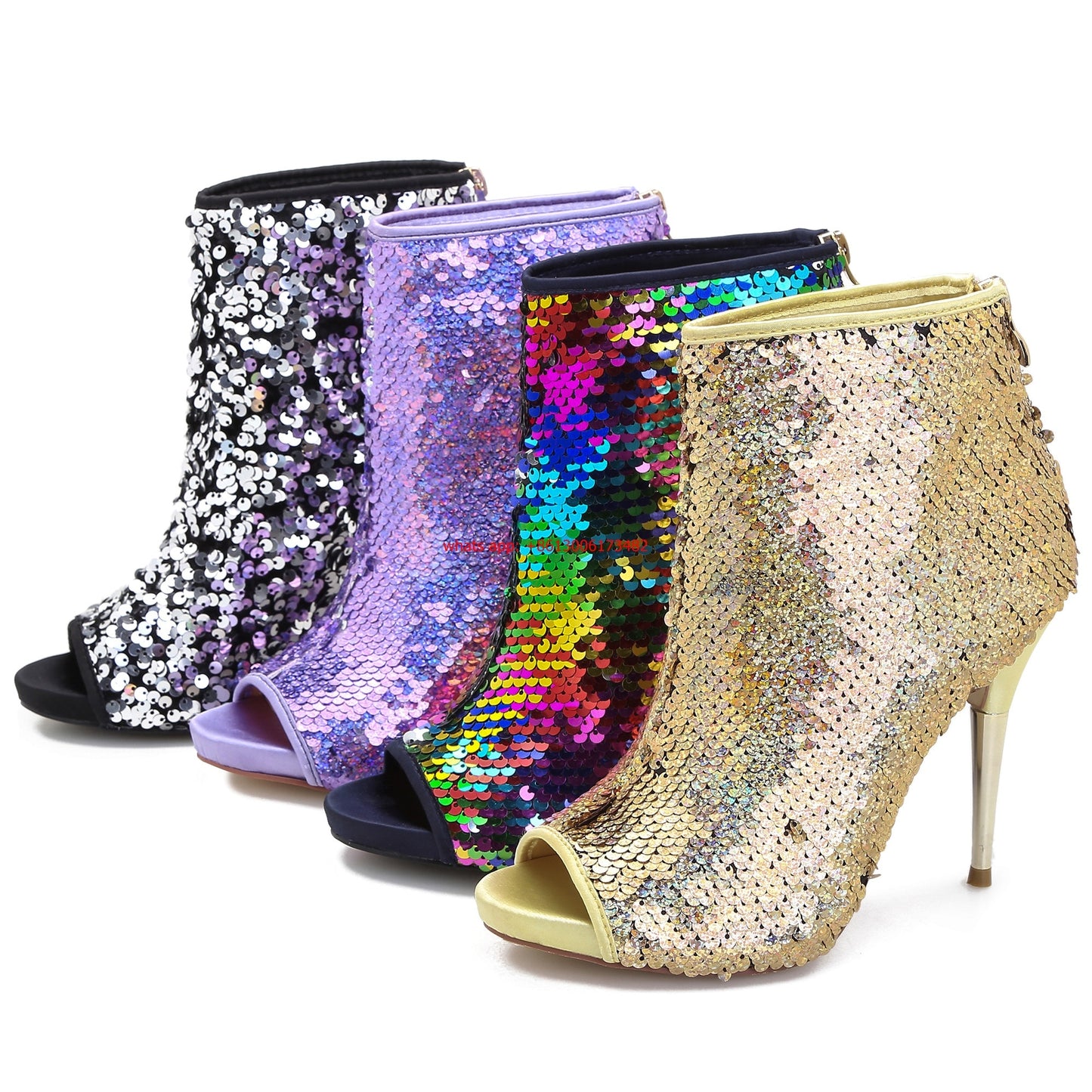 Peep Toe Stiletto Sequined Platform Ankle Boots