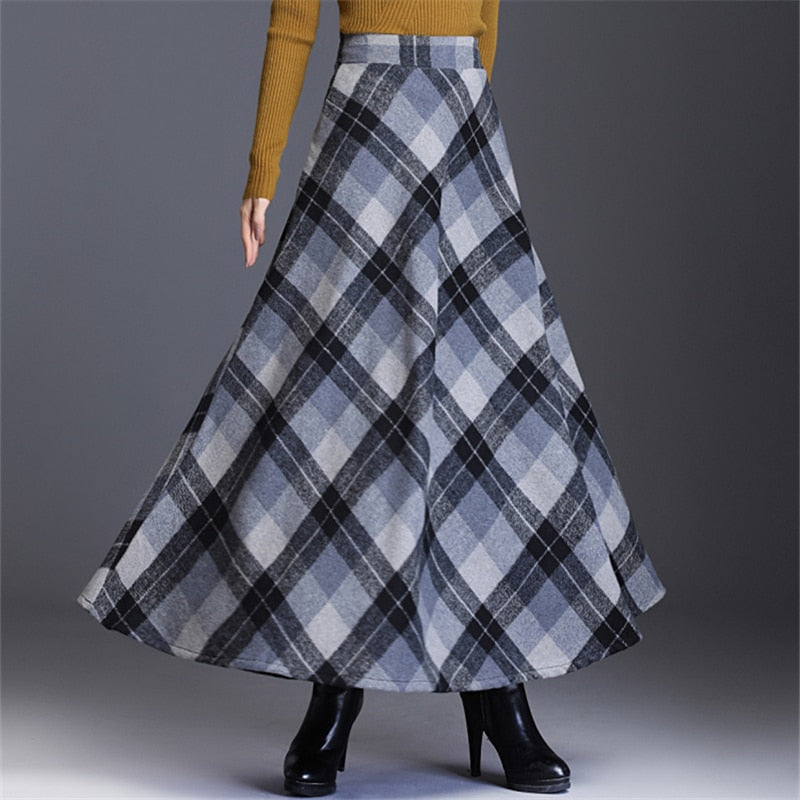 Wool Plus Size Plaid Pleated A-Line Maxi Tartan Skirt